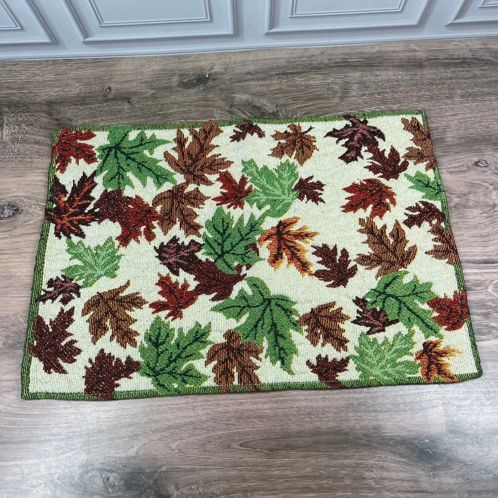 Woven Tapestry Autumn Leaf Fall Gold Metallic Thread 2pc Placemats Multicolor